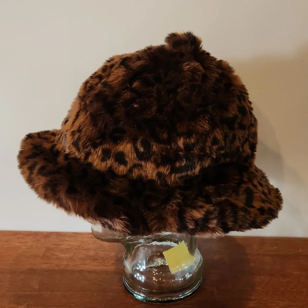 Kangol Brown Leopard Faux Fur Print Casual Bucket Hat
